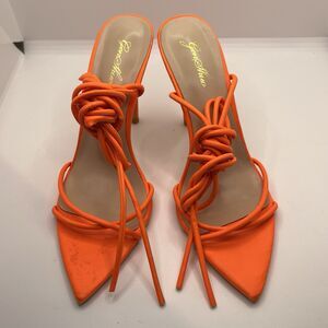 GenShuo Women’s Orange Strappy Pointed Toe Stiletto Heels Faux Leather, 9